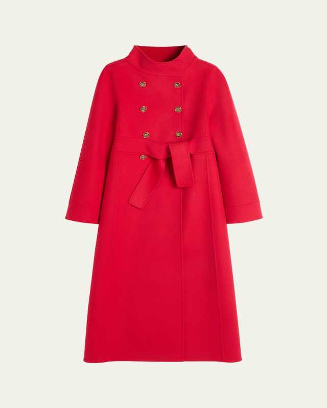 High-Neck Double-Breast Belted Wool Cashmere Coat